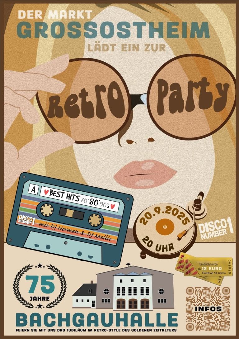 Unser Flyer zur Retro-Party am 20.9.2025 in der Bachgauhalle